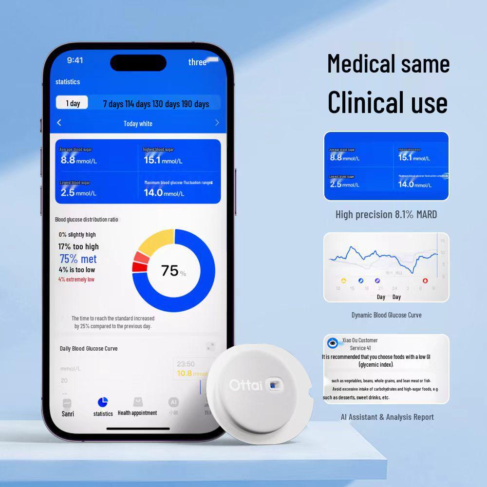 Outai M8 Smart Blood Glucose Monitor: High Precision, 24-Hour Continuous Tracking for Home Use.