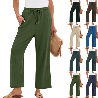Women's High Waist Adjustable Knot Flowy Cotton And Linen Trousers Wide Leg Pants