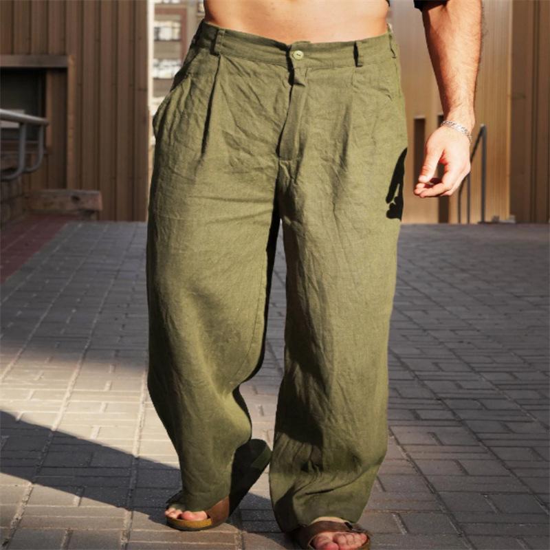 Men's Linen Pleated Wide-leg Pants for Spring and Summer with A Mid-rise Waist Breathable Jogger Pants Streetwear Men