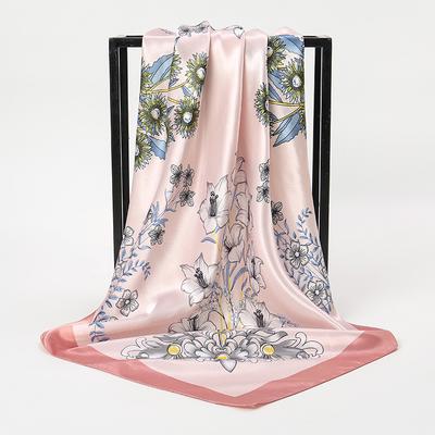 Fashion Floral Printed Square Scarf Spring Summer Satin Silk Shawl Lady Elegant Handkerchief Islam Turban Headscarf 90*90cm
