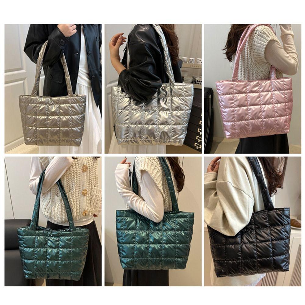 Fashion Solid Color Shoulder Bags Large Capacity Down Cotton Padded Quilted Tote Bag Underarm Bags Women Girls