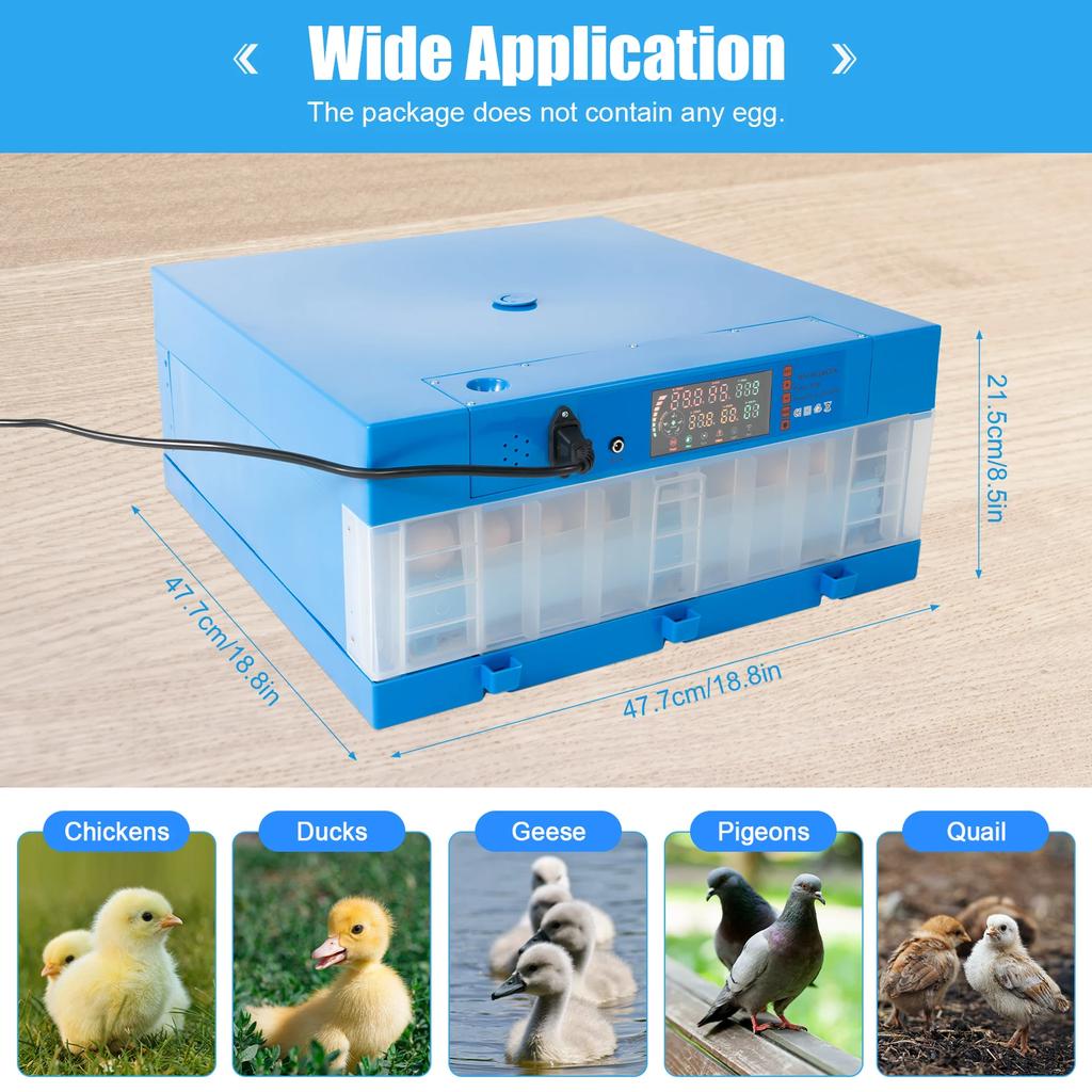 Bymaocar Blue 64 Egg Automatic Incubator Digital Poultry Hatcher W/ Temperature & Humidity Control,Auto Egg Turning Function