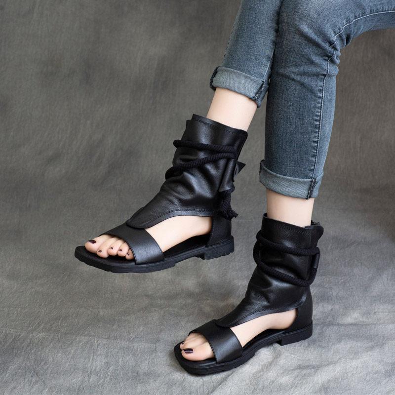 Summer New Casual Ladies Open Toe Platform Genuine Leather High Top Rome Sandals Solid Color Cowhide Female Comfortable Footwear
