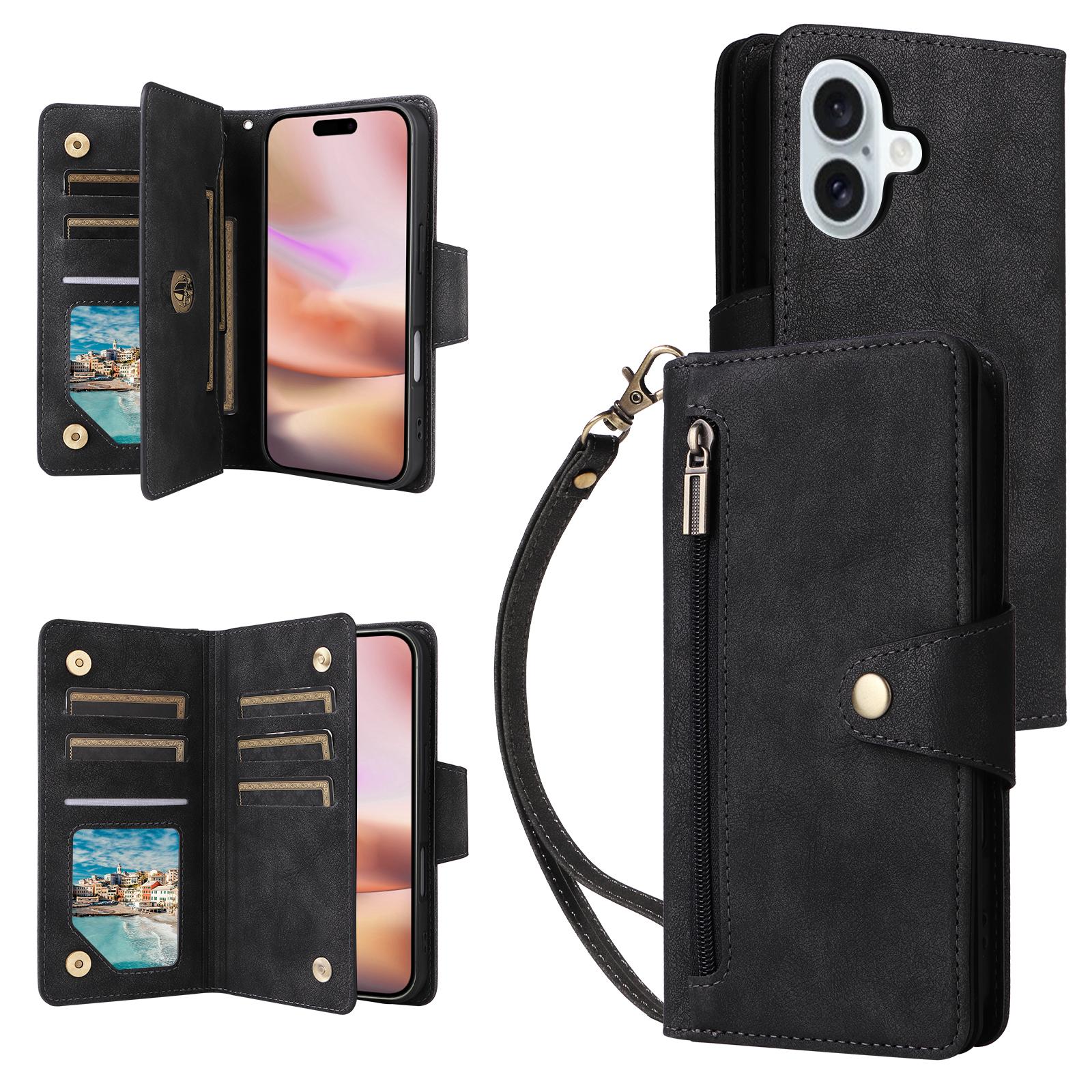 

For iPhone 16 Plus Shockproof Case Rivet Decor PU Leather Zipper Wallet Phone Cover Black