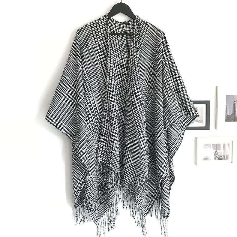 

Spring, autumn and winter black and white bird grid split-ended shawl imitation cashmere jacquard fringed open-ended shawl More than 175cm чорний