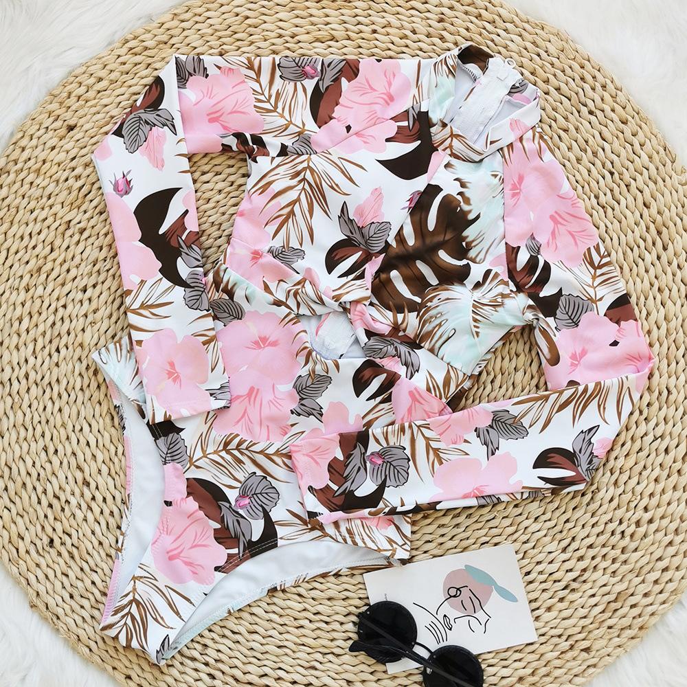 2025 Women's Long Sleeve Zipper One-Piece Swimsuit: European & American Print Surfing Wear