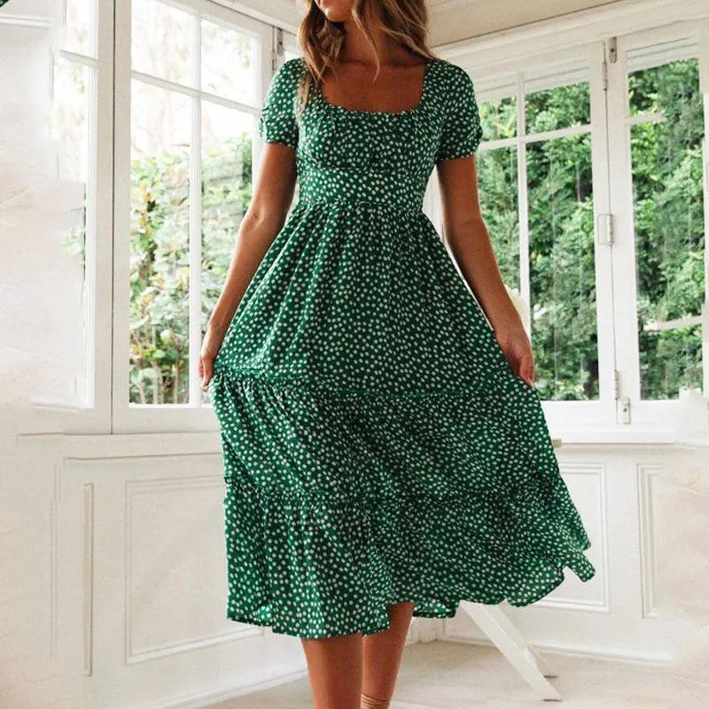 Vestidos Vintage Vintage Print Puff Sleeve Summer Beach Sweet Dresses Casual Square Collar Floral Maxi Long Dress