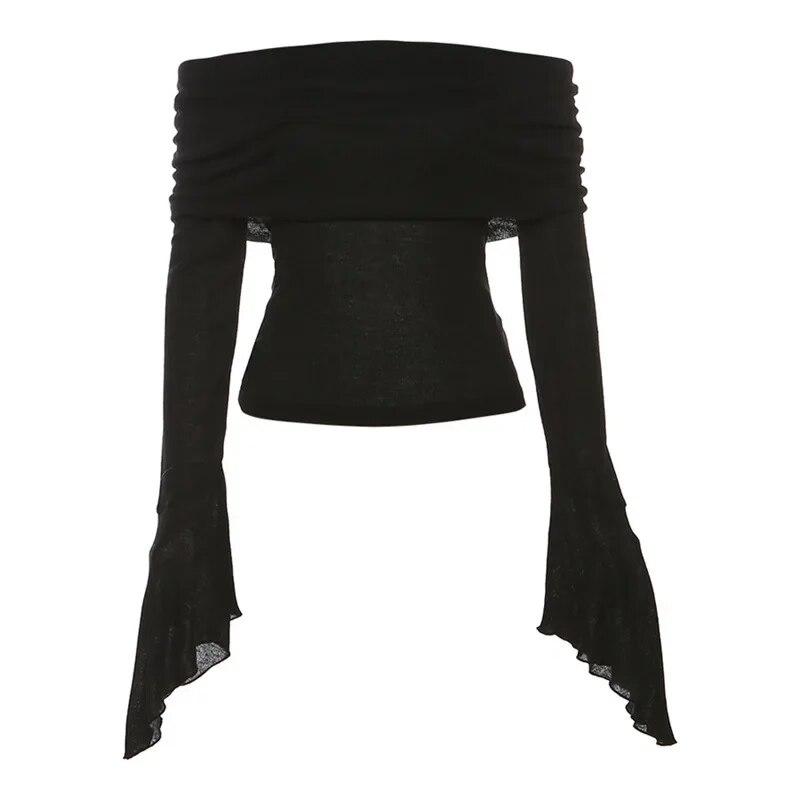 

Y2k Aesthetic Off Shoulder Pullover Women Slash Neck Long Sleeve Solid Casual T-Shirts Lades Vintage Korean Sexy Cute Tops 2026 New S чёрный