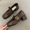 Sheepskin version~ Retro square head temperament high-heeled Mary Jane shoes, light mouth one-word buckle with thick heel high heels for women