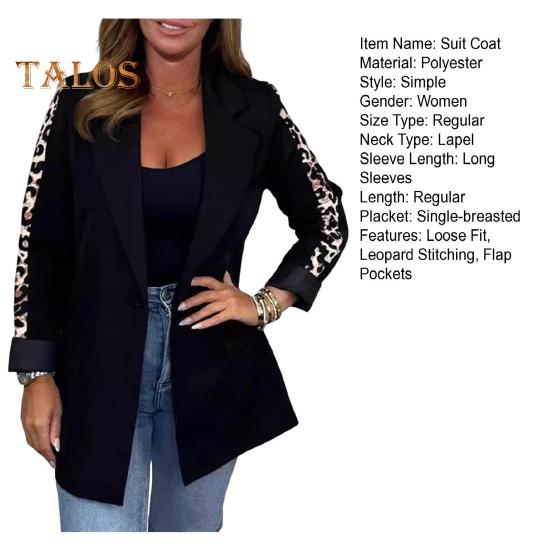 Women Suit Coat Lapel Leopard Stitching Long Sleeve Open Front Suit Jacket with Flap Pockets Business Formal Outwear