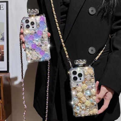 Colorful Crystal Rose Flowers Cover For Samsung S23 S22 S21 S20 Ultra Crossbody Rhinestone Perfume Bottle Shape Case For Iphone 15 14 3 12 11 Pro Max