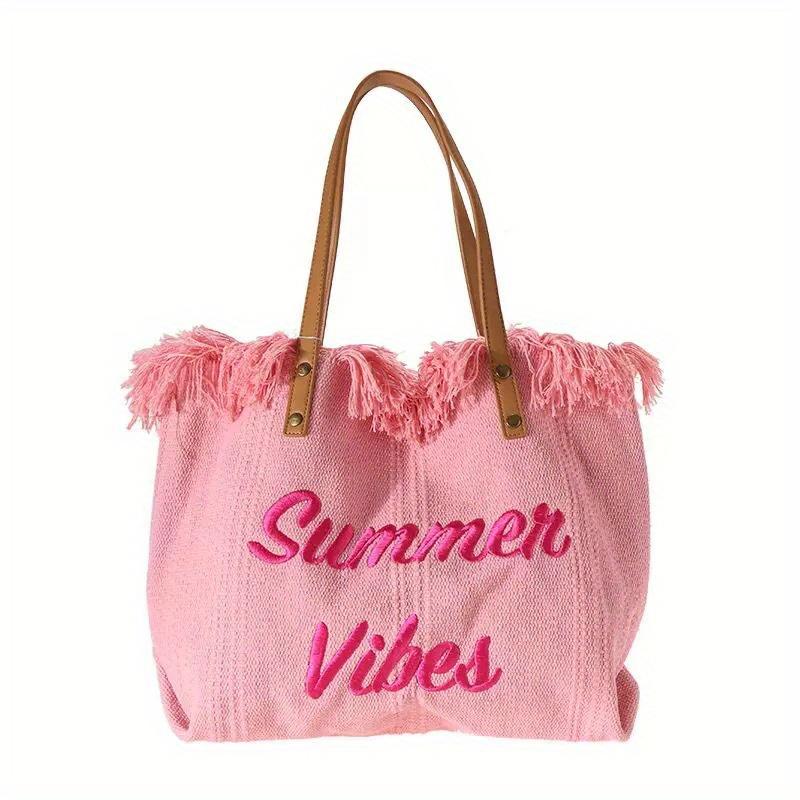 Bohemian Chic Embroidered Tote Bag - Stylish Letter Detail, Durable Canvas, Adjustable Shoulder Strap, Perfect for Womens Summer Beach Wear
