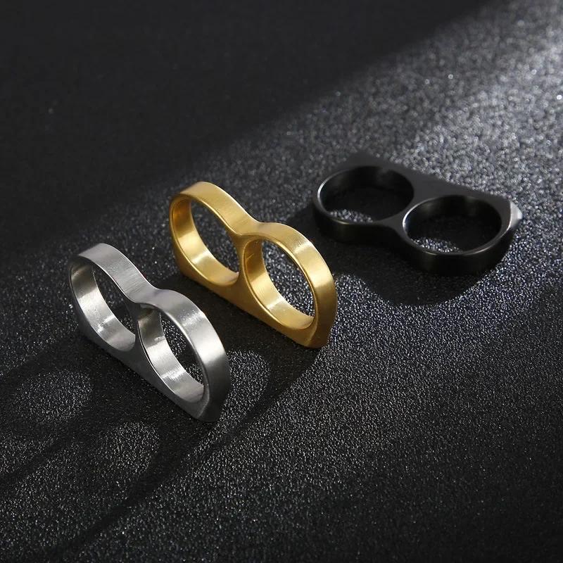 Men's Double Finger Brass Knuckles Ring Hip Hop Fashion Jewelry Gift Black Gold Silver Color