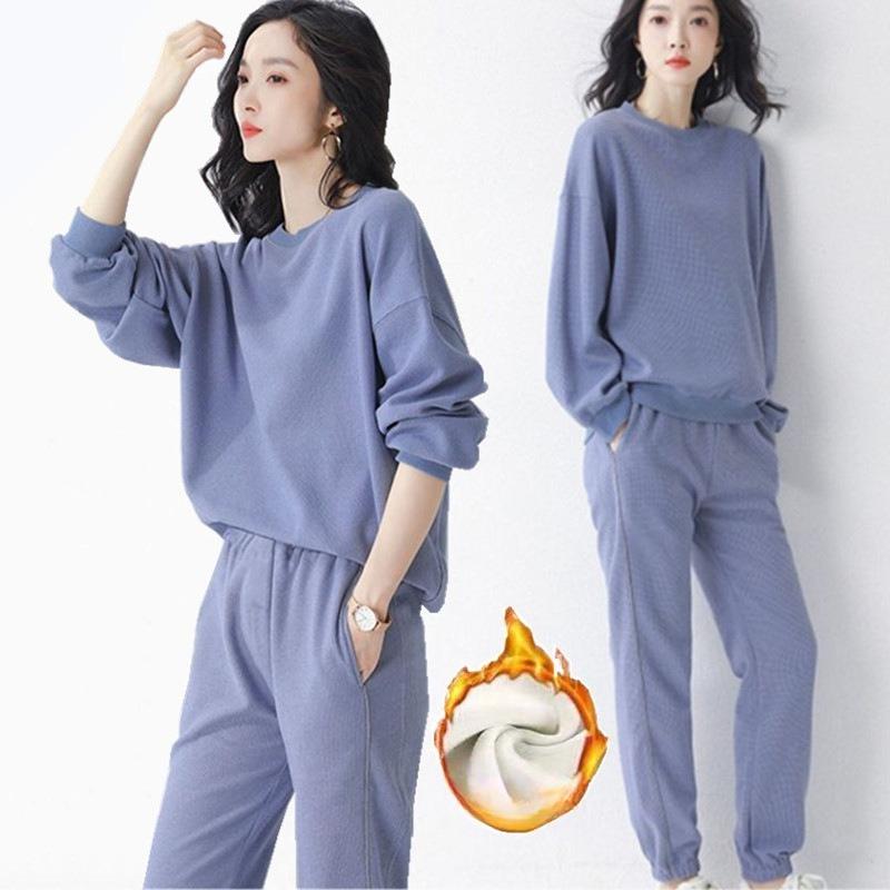 Velvet Thickened Waffle Sports Suit Women's Autumn and Winter Fashion Long-sleeved Casual Sweatshirt Two-piece Set