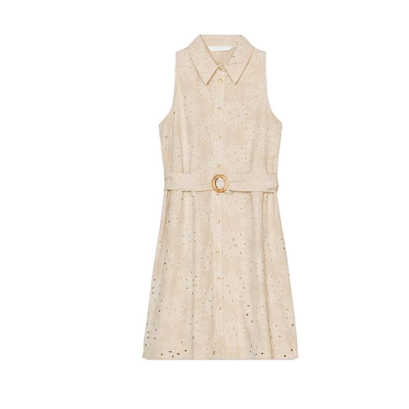 

Summer Women s Clothing with Belt Breasted Decorative Cotton Adhesive Cut Out Embroider Sleeveless Dress 1971058 Beige L