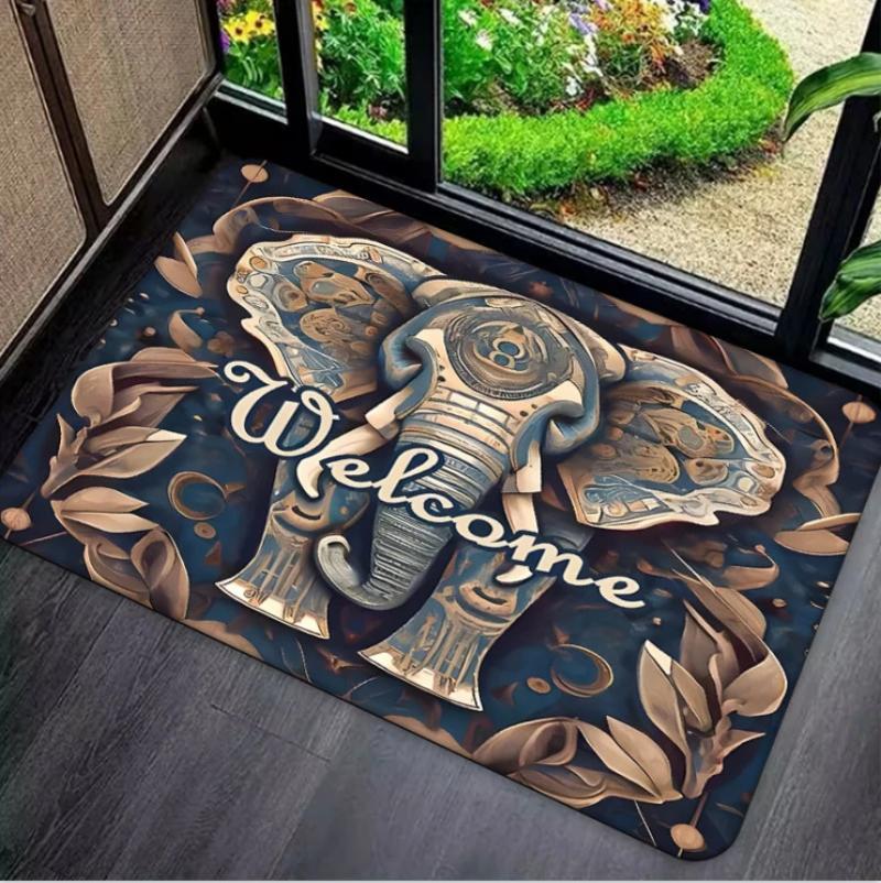 Boho Chic Elephant Print Floor Mat Distressed Look Door Mat for Home Entrance Indoor Hallway Garden, Patio, Balcony Carpet Decor