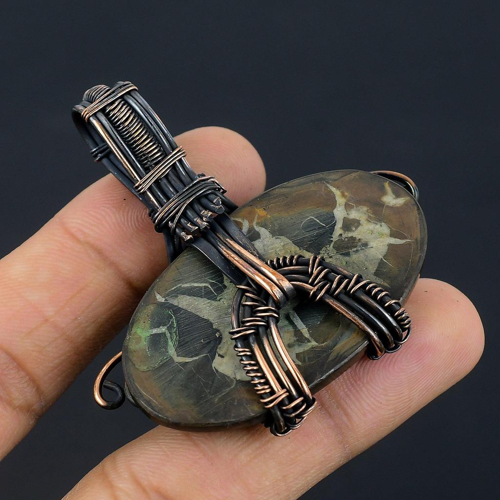 Mud Crack Fossil Pendant, 999 Copper Wire Wrapped Gemstone Jewelry, Handmade Tree Of Life Pendant, For Thanksgiving
