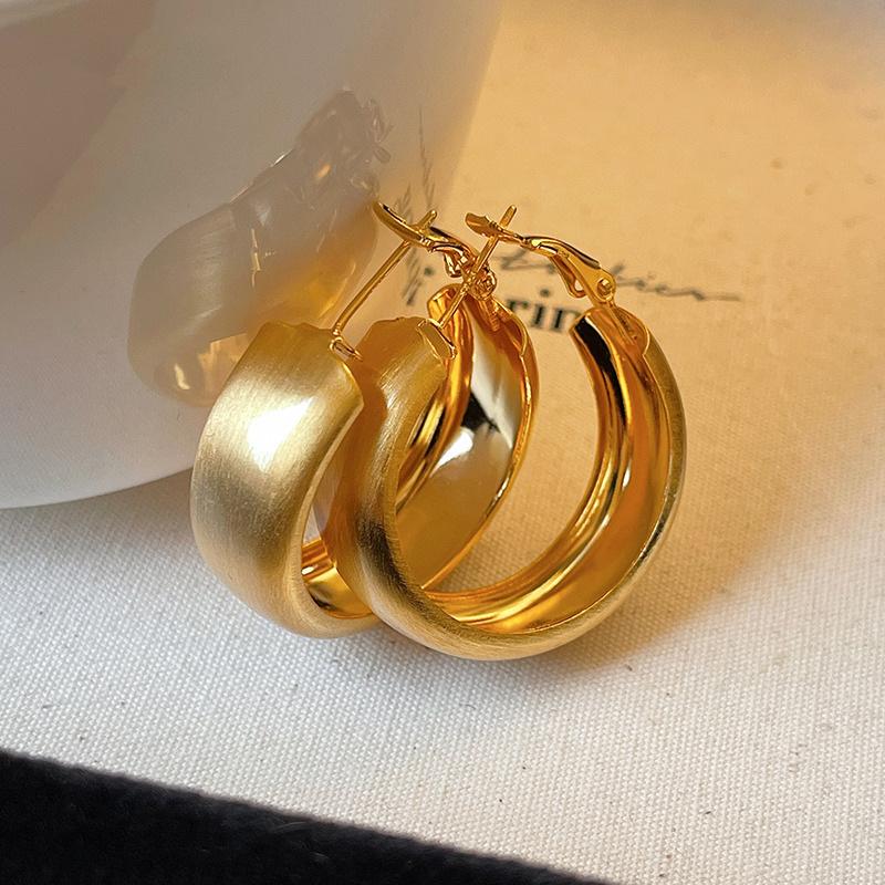 Korean Gold Color Matte Brushed Hoop Earring for Woman Vintage Metal Geometric Circle Round Earrings C-shape Jewelry Gift