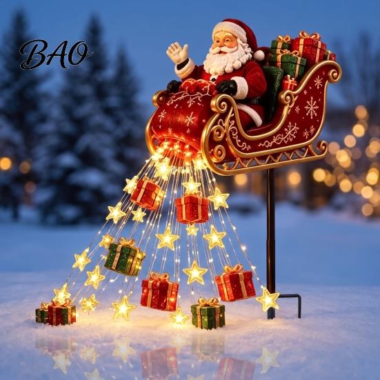 Winter Outdoor Courtyard Decorations Santa Sleigh Figurine Light, Solar Powered Christmas Garden Stake Claus Light Pouring Gifts Stars for Yard