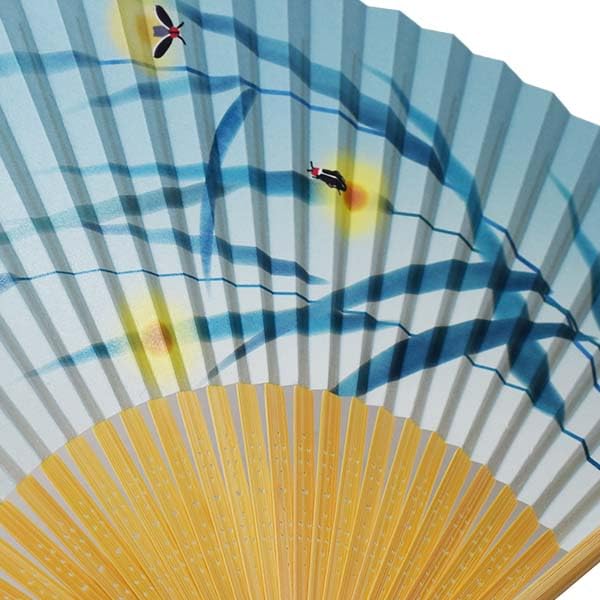White Medium Emerald Bamboo and Firefly Men's Fan, Bamboo, Carving, Green, Scented, Design, 22.5cm