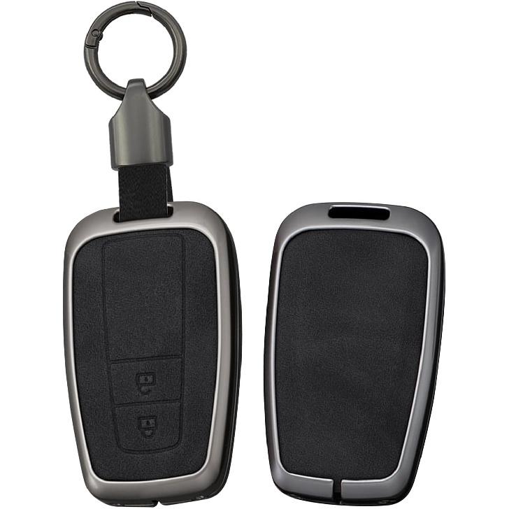 SANRILY Metal Leather 3 Button Key Fob Cover Case Fit for Toyota C-HR Prius Corolla Highlander Camry RAV4 Avalon Keyless Key Holder with Short
