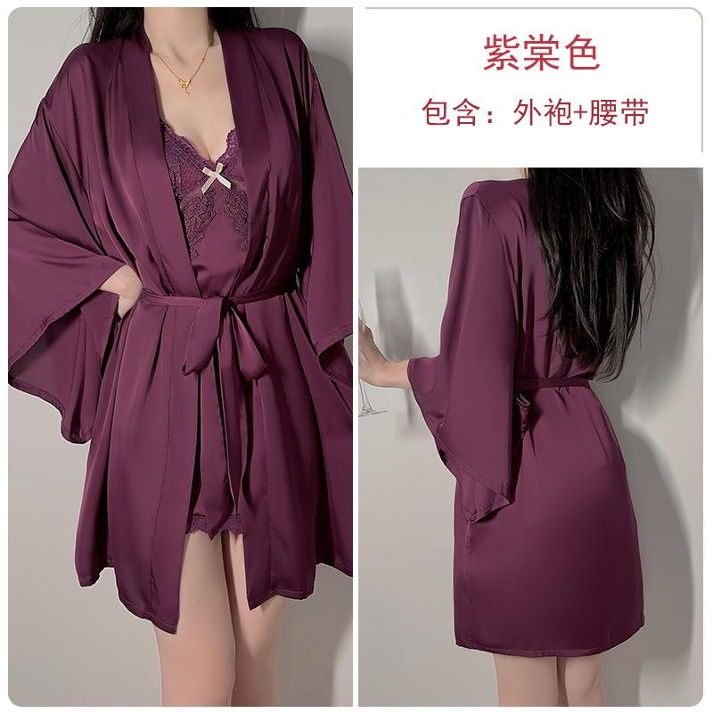 Satin Embroidered Lace Plus Chest Pad Slim Suspender Nightdress Belt Robe Women's Loungewear Set