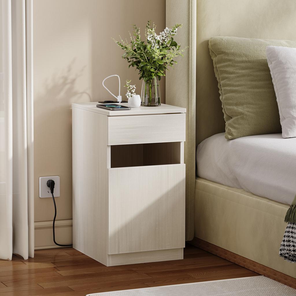 Nightstand, Bedside Table with Charging Function, Bedroom Cabinet with USB & Socket, 33x40x61.5cm, Light Wood Look, Including Trash Can