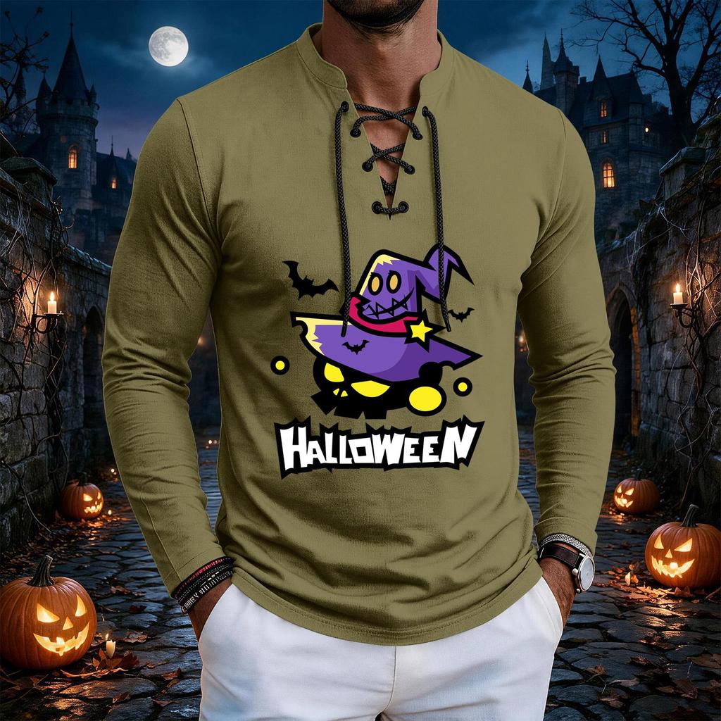 Men's Vintage Halloween Print Lace-Up Long Sleeve T-Shirt
