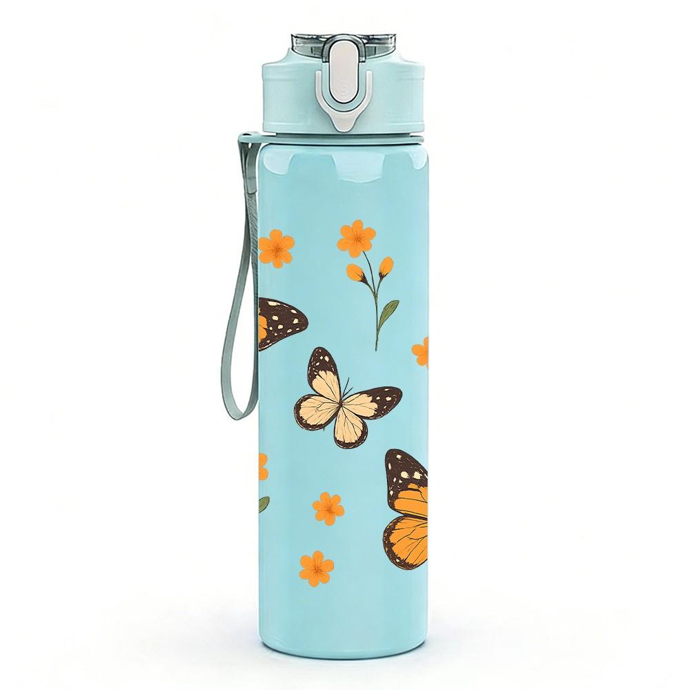 1PC Orange Butterfly Group Print 750ml Color Plastic Sports Water Bottle Leakproof Flip Straw Lid Suitable for Sports Office Home Use