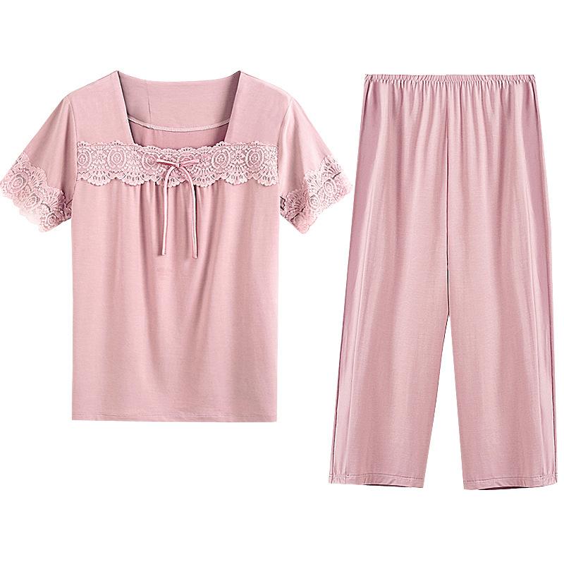 Pajamas Women's Summer Modal Short Sleeve Cropped Pants Homewear Summer Thin Middle-aged Mom Large Size Two-piece Set