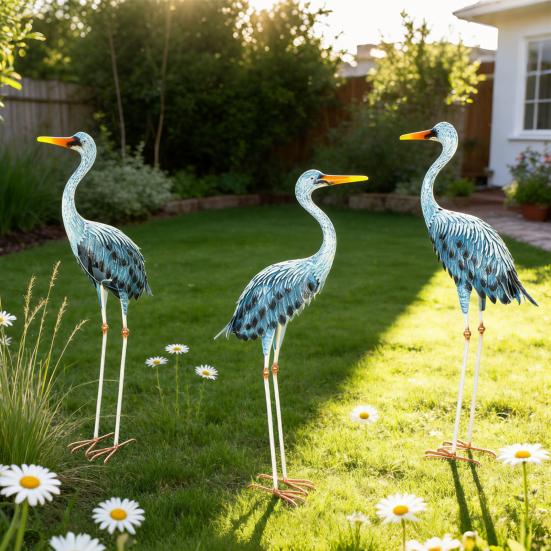 DYS Blue Heron Garden Statues, Metal Cranes Decor, Sculpture Yard Art, Bird Lawn Ornaments for Backyard Pond Patio Porch Outside Decorations