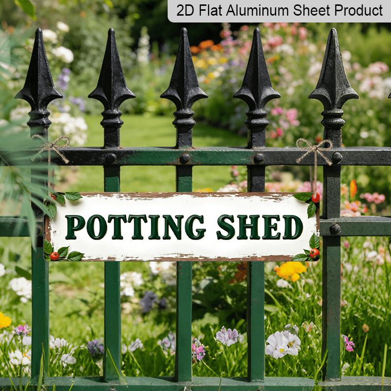 2D Flat, 1pc, 3.94 X 15.74 Inches Aluminum Decorative Sign - Vintage-Style Potting Shed Sign, Featuring A Rustic Green and White Decorative Plaque