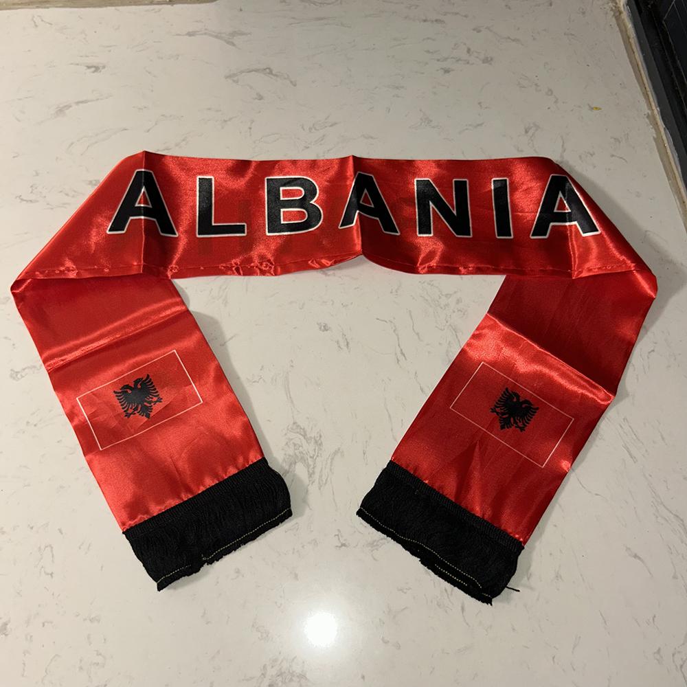 (HIMMELSFAHNE)Albanien Schal 14x135cm Beidseitig bedruckter Satin Albanien Flaggen Schal Quasten Geeignet für Fußball Cup, Sport, Veranstaltungen