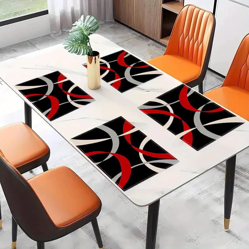 1pcs Modern Linen Placemats, Abstract Geometric Red White Line Design, Machine Washable Woven Dining Decor for Home