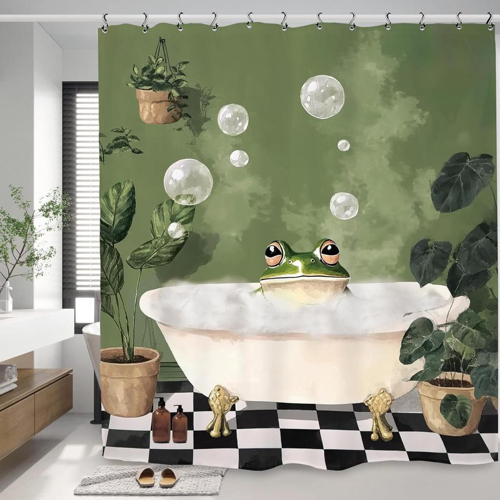 Funny Frog Cute Shower Curtain Animal Hilarious Green Plant Vintage Bathroom Set Accessories Decor with 12 Pack Hooks