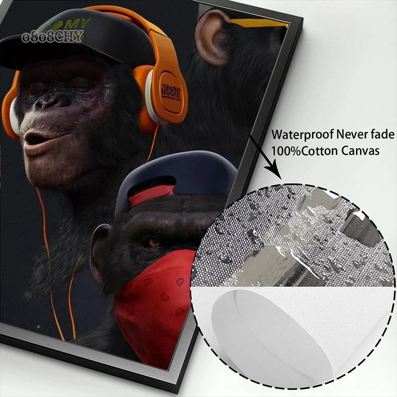 Drei coole Hip-Hop-Orang-Utans, Leinwandgemälde, drei weise Swag-Poster, die Musik hören, Affen, Bilder für die Heimdekoration