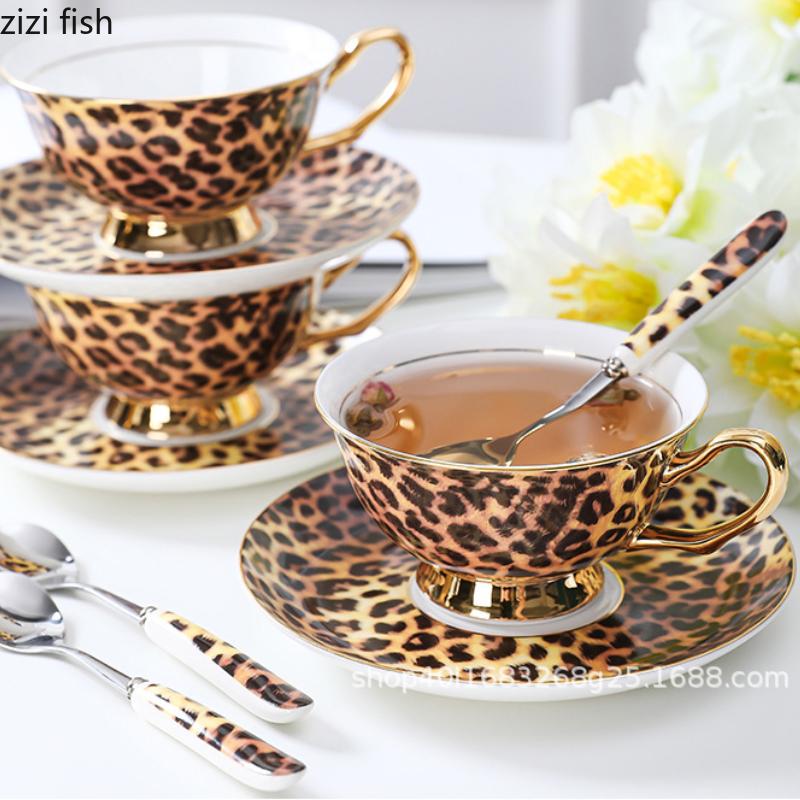 Retro keramický hrnek na kávu a podšálek se zvířecím potiskem Leopard Odpolední čajové šálky Snídaňový šálek Šálky na vodu Hrnky na mléko Šálky na mléčný čaj Šálek na čaj