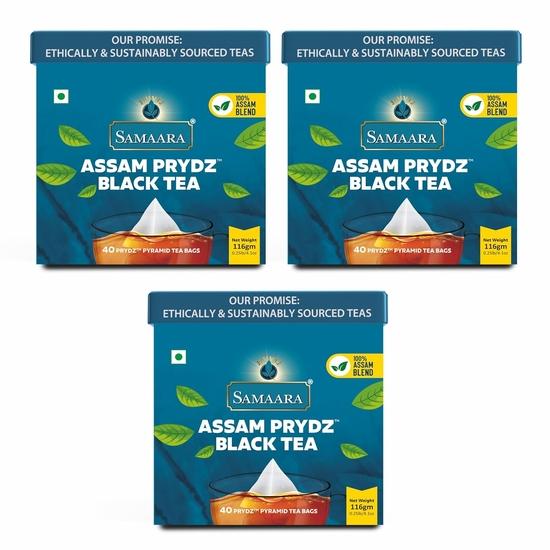 Samaara Assam Prydz Bustine di Tè Nero | Aroma Forte Polvere Regolare per Chai | Confezione da 3 Scatole da 40 Bustine