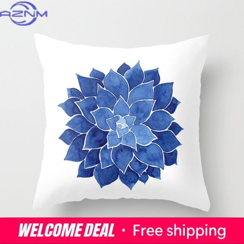 Square Cushion Cover Home Decor Sofa Pillowcase Beauty Blue Geometric Flower Pattern Fashion Short