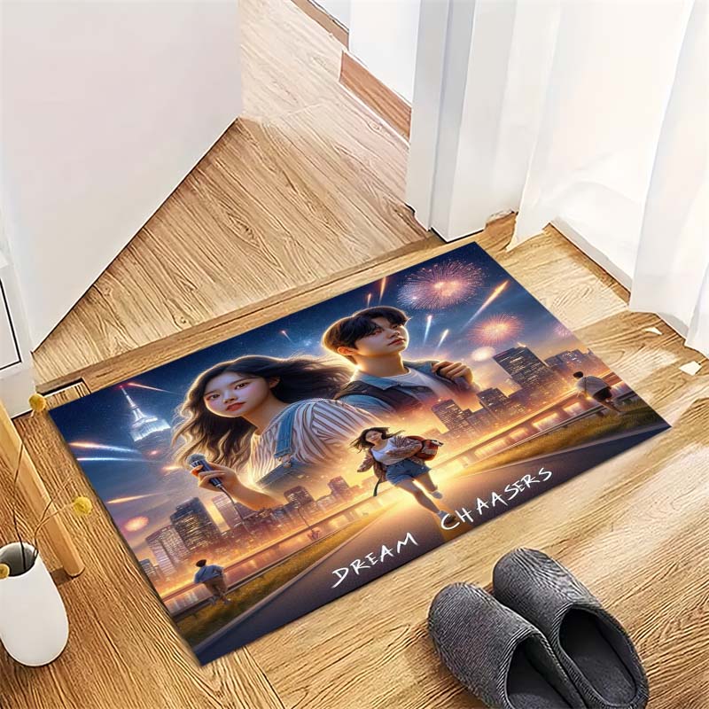 Dream Chaser City Fireworks Youth Couple Print Area Rug Urban Fantasy Non‑Slip Rectangular Floor Mat Game Room Living Bedroom Home Decor Rug