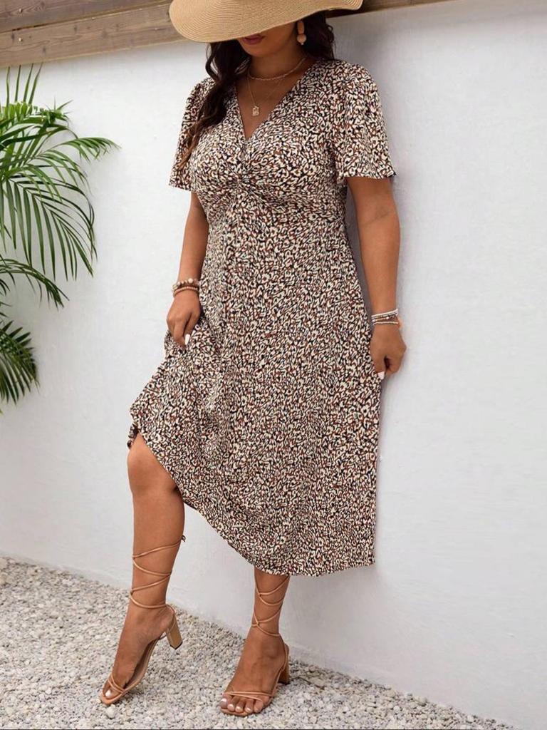2025 European & American Summer Leopard Print Plus Size Women's Short Sleeve Dress