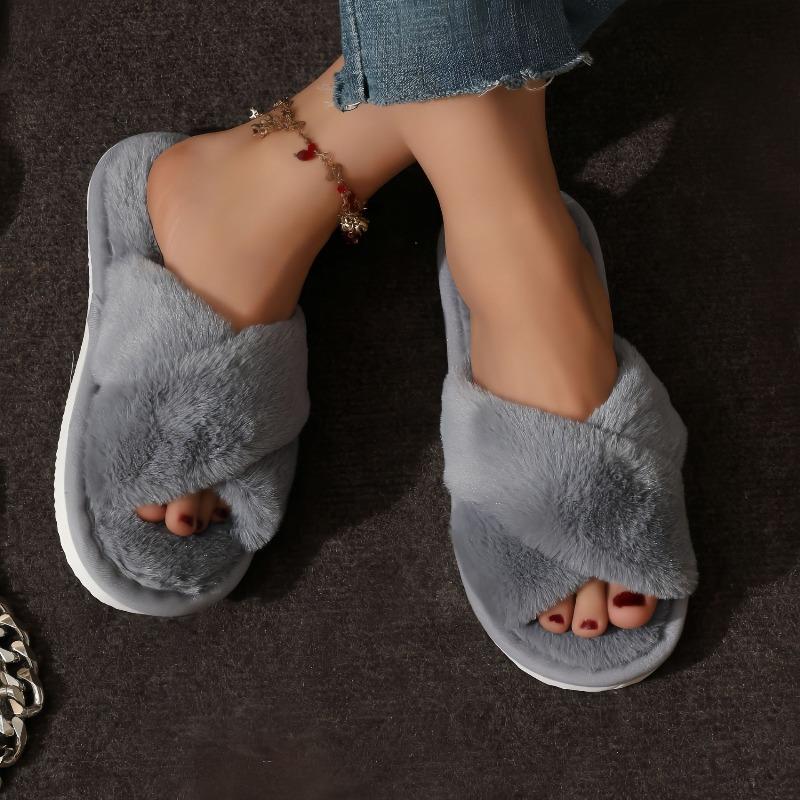 TEU SEI Cross Plush Large Fluffy Cross Strap Cotton Slippers Women's Fluffy Cotton Slippers