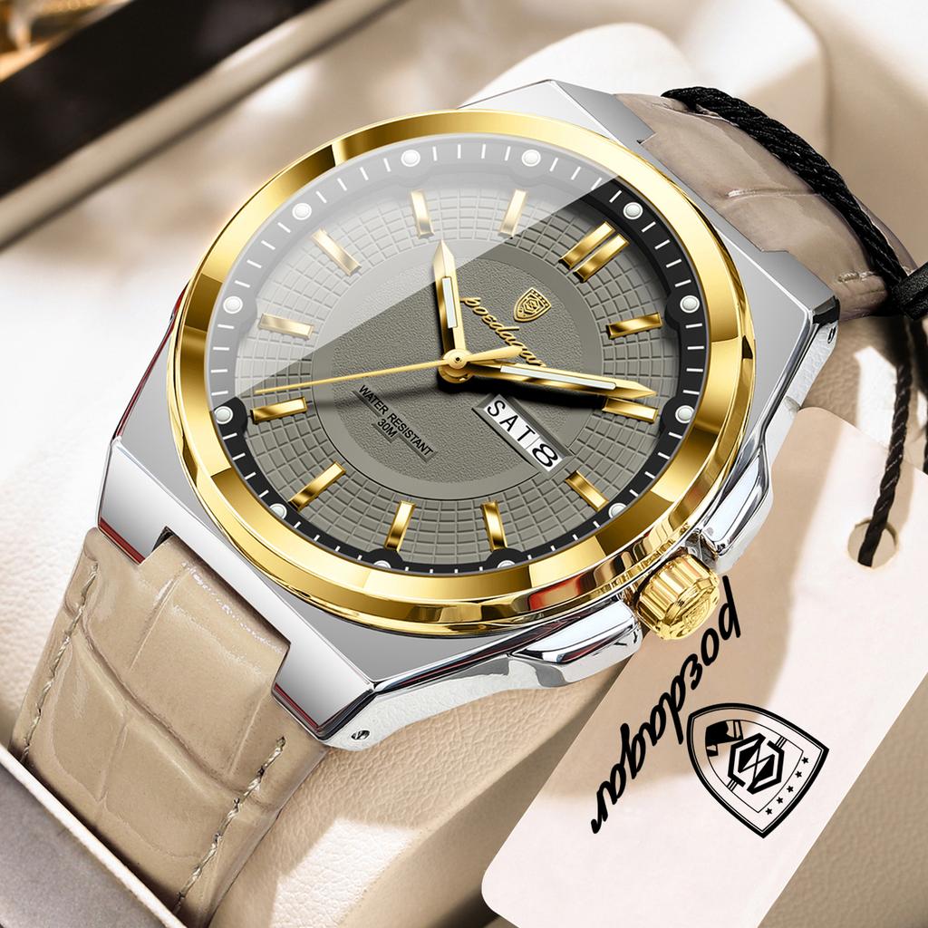 POEDAGAR Fashion Man Wristwatch Waterproof Luminous Date Week Business Quartz Watches Leather Sport Clock Reloj Hombre