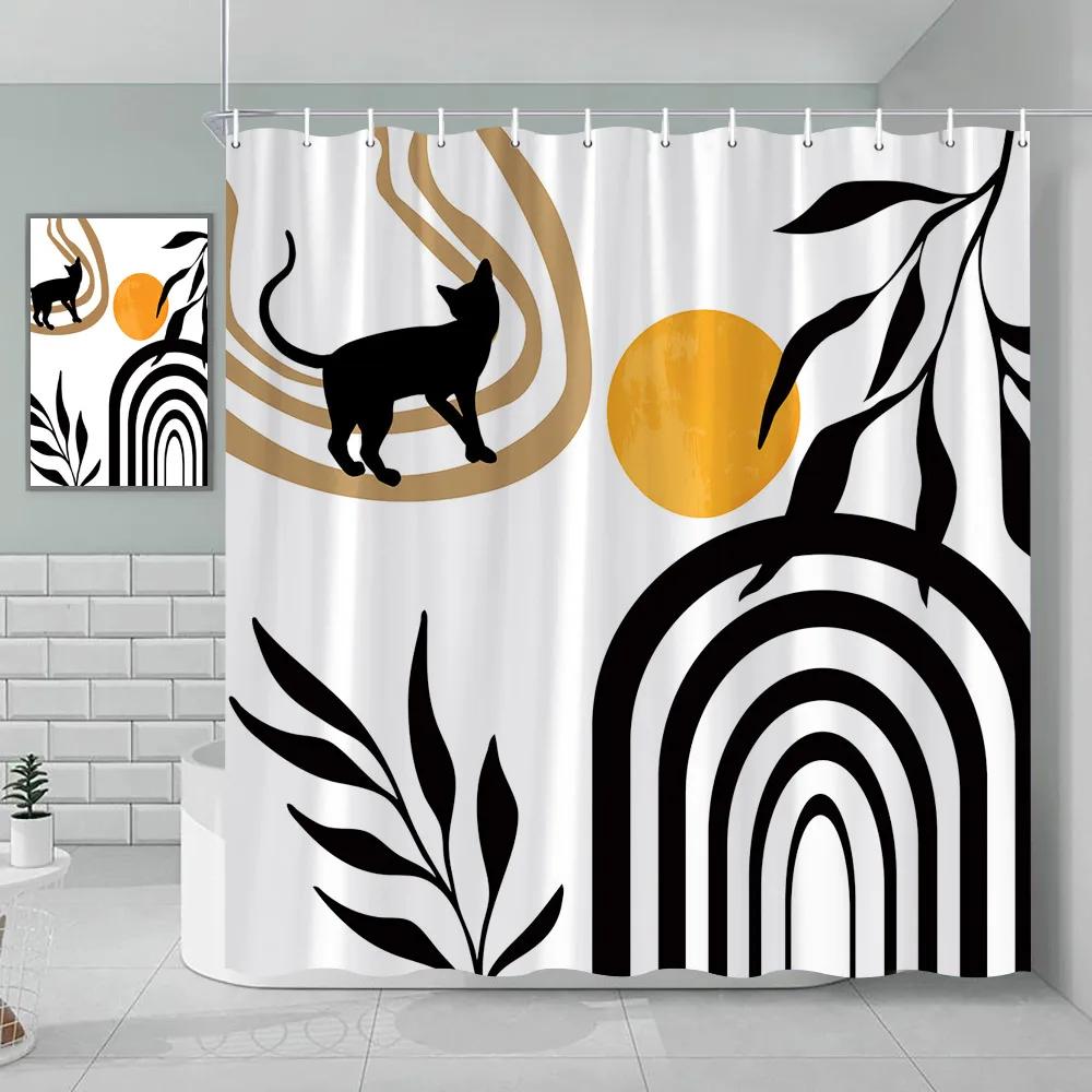 Bohemian Shower Curtain Cat Romantic Mid Century Modern Minimalist Abstract Lines Geometric Tropical Plants Bathroom Decoration