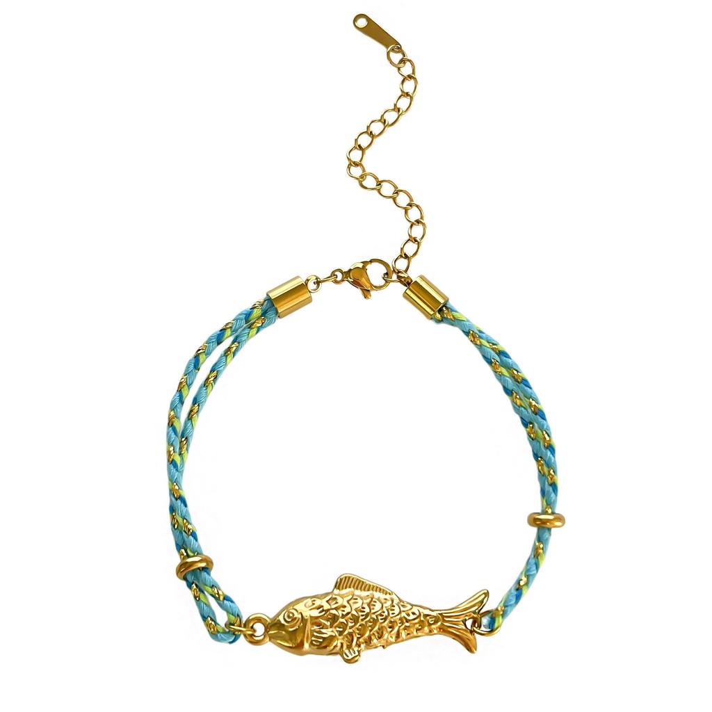 Handmade Woven Lucky Fish Bracelet Lucky Fish Bracelet 18K Gold Plated Fish Charm Woven Chain Bracelet