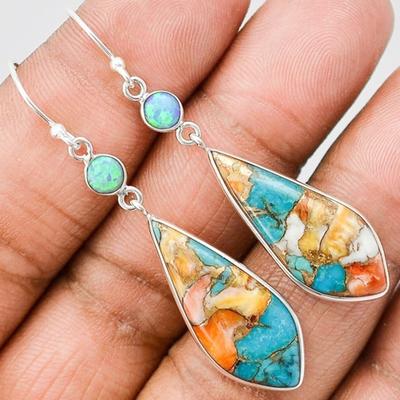 Vintage Women Jewelry Faux Turquoise Rhinestone Dangle Ear Hook Drop Earrings