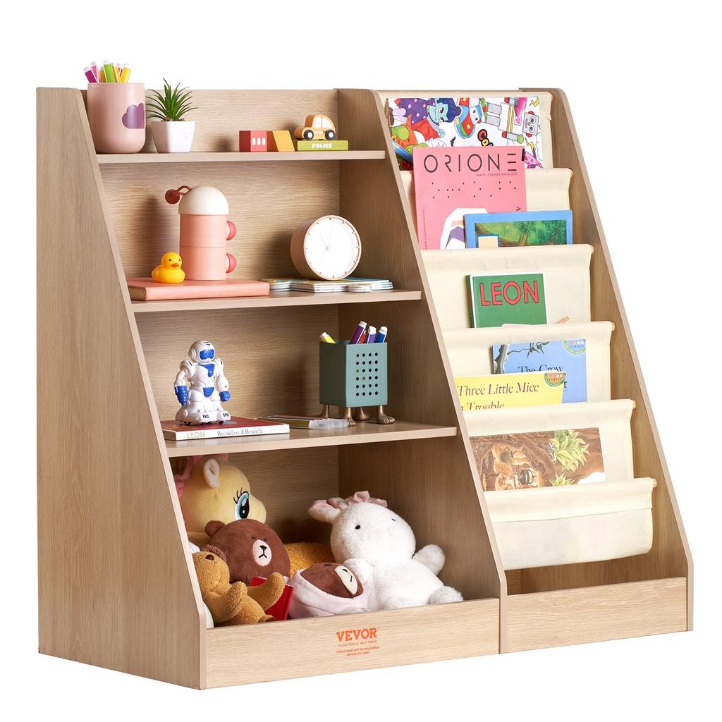 4-Tier Kids Wooden Bookshelf, Six-Layer Sling Bookcase, Baby Storage Book Rack, Book Toy Organizer Cabinet, for Kids Room, Playroom, Kindergarten,