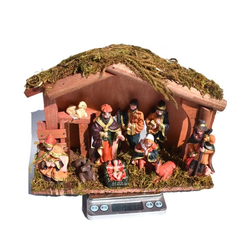 Permanent Religious Birth Manger Display With Oaken Stable And Rosin Figures