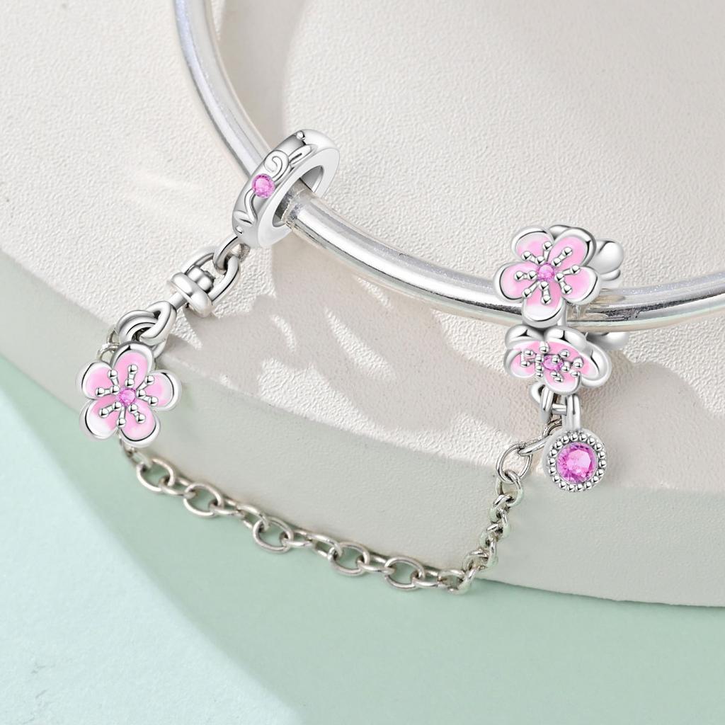 S925 Silver Butterfly Flower Charm Pendant Bead Strand Safety Chain Clasp Bracelet Jewelry Accessory