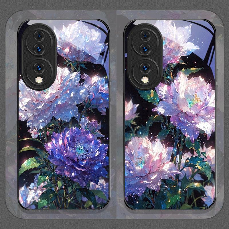 Stylish White Peony Flower Pattern Tempered Glass Phone Case for Huawei Nova 13 12 11 10 SE Mate 70 60 Pro Plus P60 P40 5G Cover